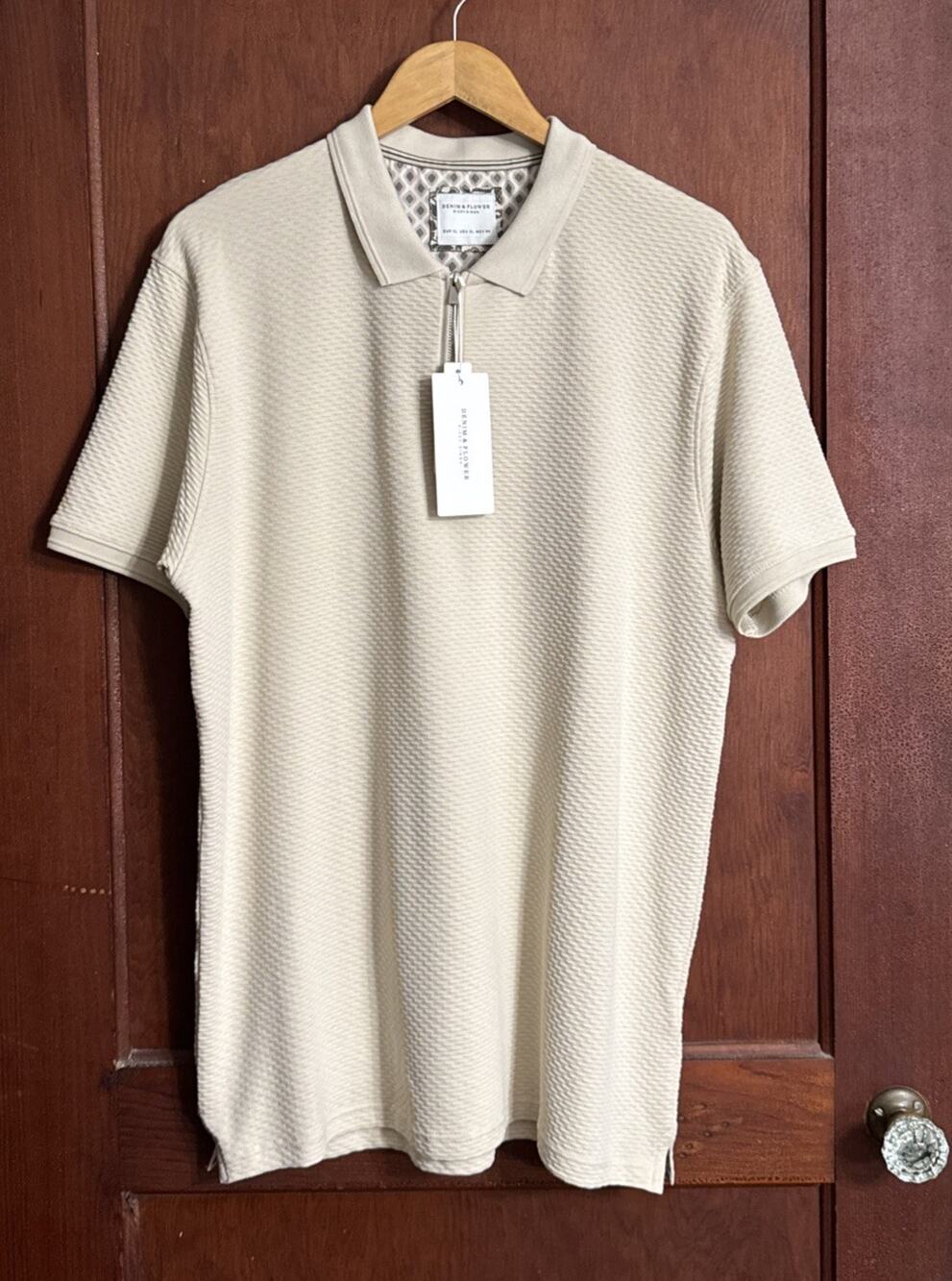 Denim & Flower Ricky Singh Men’s XL Cream Textured Knit Quarter Zip Polo NWT